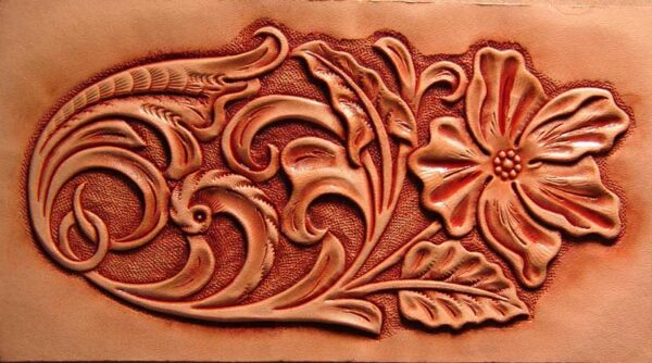 Carved leather floral pattern using petal lifters.