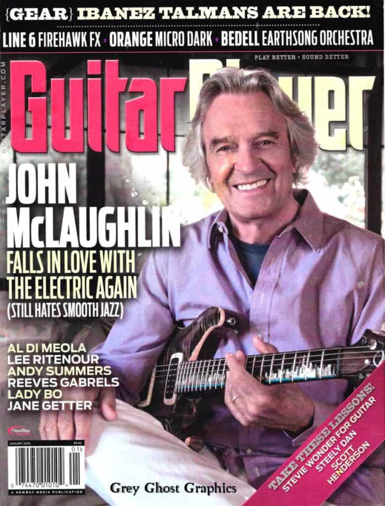 John McLaughlin on cover of Guitar Player with inlay by Jeff Mosby